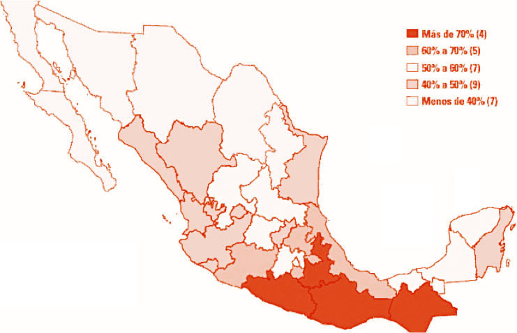 Mapa1Porcentaje de poblacion entre 0 y 17 en situación de pobreza por entidad federativa